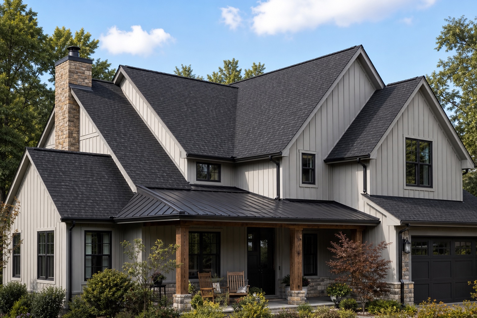 Fictional project example of a gray home with a new charcoal shingle roof
