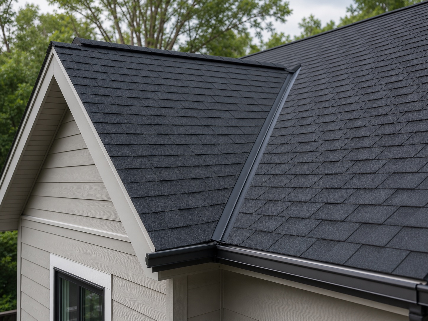 Fictional project detail showing charcoal shingles, roof valleys, and clean flashing