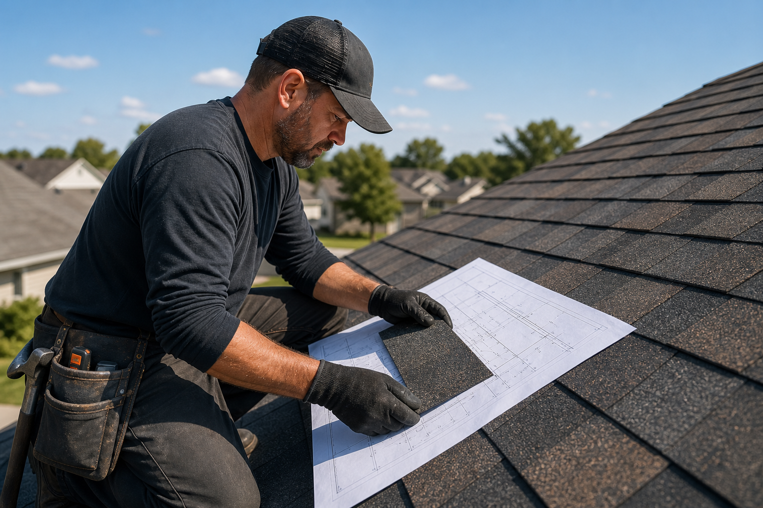 A roofing professional reviewing plans and shingle samples on a residential roof.