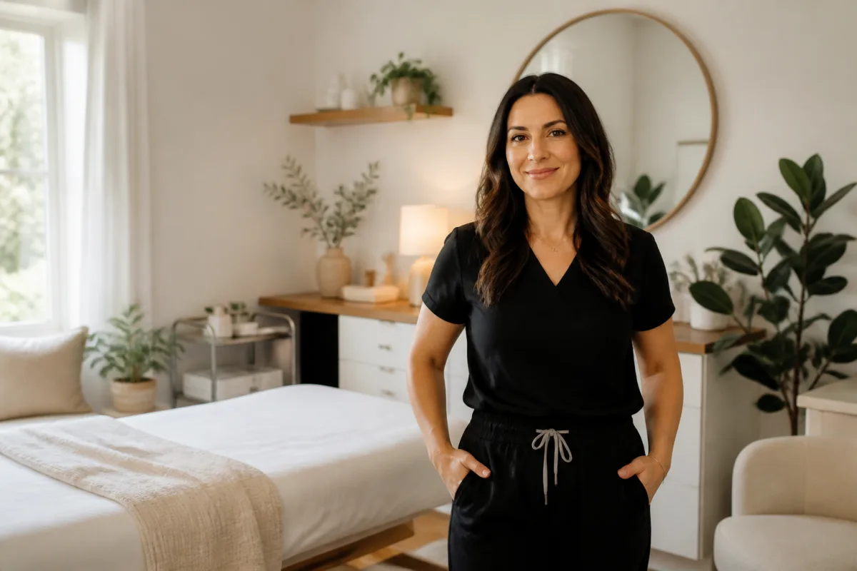 A practitioner in a calm, bright treatment room