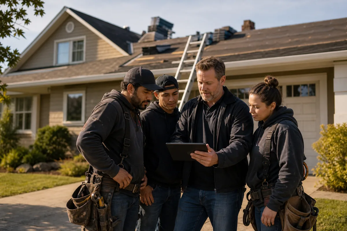 A roofing crew talking with a homeowner at a residential job